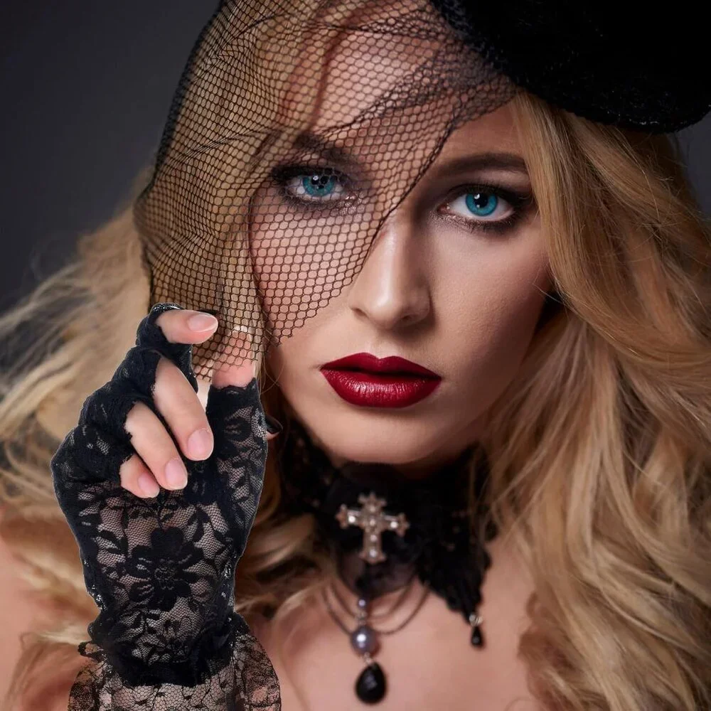 Women's Evening Black Gloves Fingerless Floral Short Lace Party Prom Design